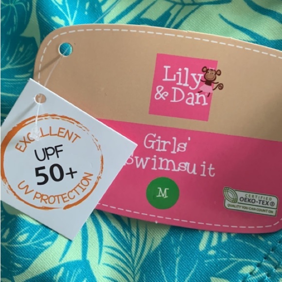 NWT Lily & Dan Girls 2 Piece Swim Set Medium Top & Bottom turquoise Tropical - Picture 6 of 7